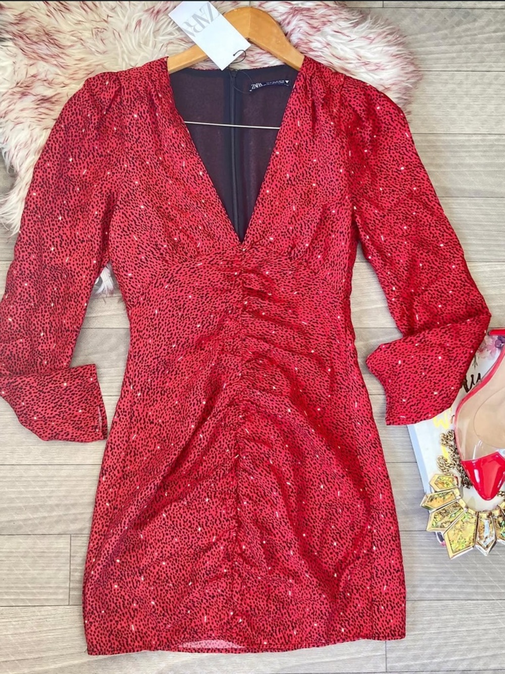 Zara Red Long-Sleeve Sequin V-Neck Mini Dress